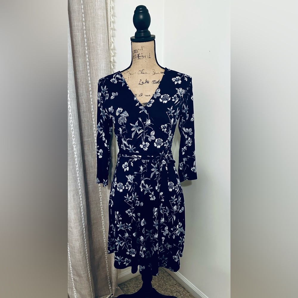 Hawthorn navy and white floral faux wrap dress.
